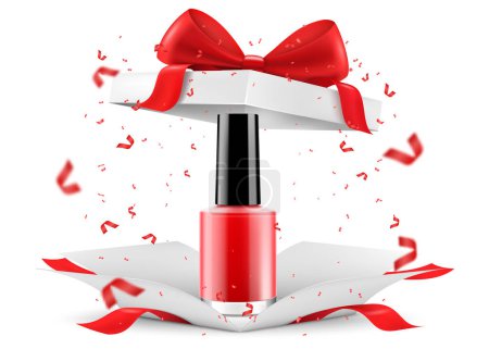 Photo for Shiny red nail polish bottle inside open gift box, isolated on white background. White gift box with cosmetic items. Present, Gift, Surprise concept. 3D realistic vector illustration - Royalty Free Image