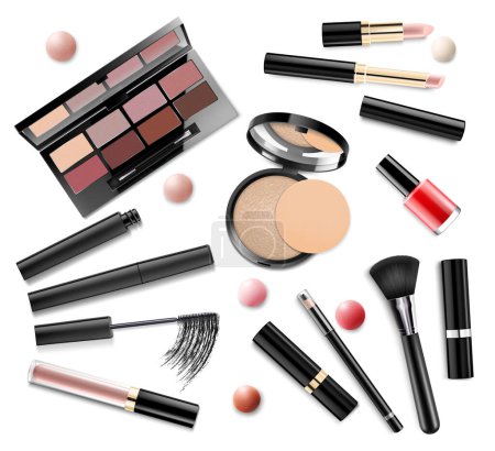 Téléchargez les photos : Makeup set. Realistic cosmetic products: eye shadow, powder, blush, eyeliner, concealer, lipstick and lip gloss, foundation, nail polish, mascara, and makeup brushes isolated on white background. - en image libre de droit