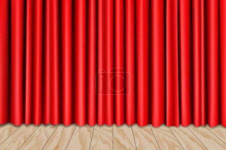 Téléchargez les photos : Scène de théâtre avec sol en bois et rideaux rouges. Dans les coulisses. Illustration vectorielle 3D réaliste. - en image libre de droit