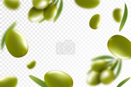Téléchargez les photos : Olives fond. Olives volantes ou tombantes isolées sur fond transparent. Peut être utilisé pour la publicité, l'emballage, la bannière, l'affiche, l'impression. Conception 3D réaliste. Produit nature. Illustration vectorielle - en image libre de droit