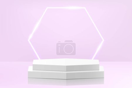 Photo for Abstract white pedestal podium in hexagon shape, with glowing neon hexagonal background. Minimal wall scene for product display presentation. Realistic 3d vector geometric rendering platform design. - Royalty Free Image