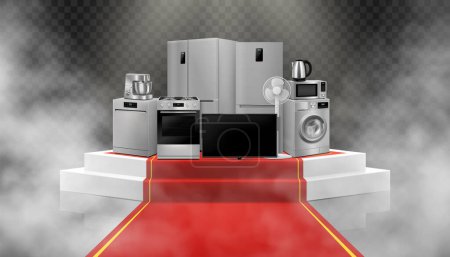 Photo for Illuminated podium or Pedestal with red path and household appliances: microwave oven, washing machine, refrigerator, stove, ,TV, dishwasher, kitchen hood. Realistic 3D vector - Royalty Free Image