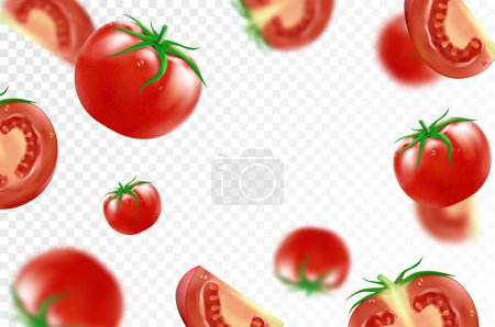 Téléchargez les photos : Fond de tomate. Tomates fraîches mûres et tombantes, isolées sur fond transparent. Concentration sélective. Tomate rouge déconcentrée volante. Applicable pour le ketchup, la publicité de jus. Vecteur 3d réaliste - en image libre de droit