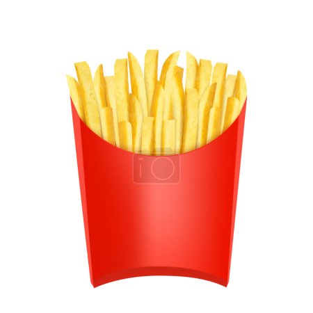 Photo for French fries. Potatoes in red package box. Snack fast food takeaway. Popular roasted potatoes chips sticks snack in cardboard packing, isolated on white background. Realistic 3d ector illustration. - Royalty Free Image