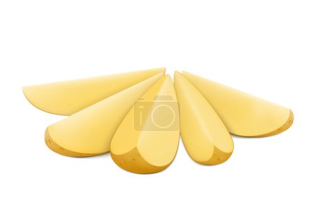 Foto de Cuñas frescas de papa cruda, papas picadas para alimentos cocidos. Patata en rodajas, aislada sobre fondo blanco. Ilustración realista del vector 3d - Imagen libre de derechos
