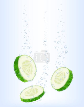 Photo for Slices of cucumber fall into clear water, a lot of bubbles. Realistic 3D vector illustration. ?an be used as advertising of cosmetics, medical products, packaging design. Health, beauty concept - Royalty Free Image