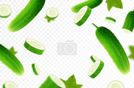 Photo for Flying cucumber. Falling cucumbers, whole and slices isolated on transparent background, selective focus. Realistic 3d vector illustration - Royalty Free Image
