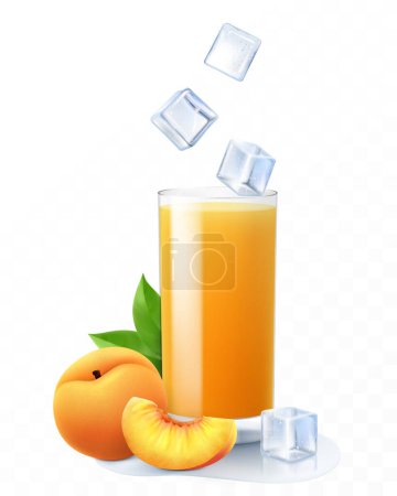 Photo for A glass of fresh peach juice or smoothie with ice cubes falling into the glass. Cup of cocktail or yogurt with ripe peach, isolated on transparent background. Realistic 3d vector - Royalty Free Image