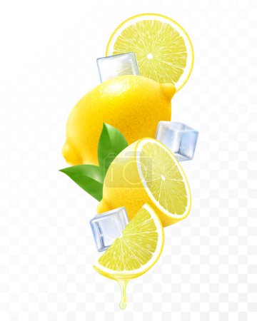 Photo for Fresh lemon with ice cubes falling or flying. Composition of elements lemon with leaves, half lemon, sliced lemon , 3D realistic vector illustration isolated on transparent background - Royalty Free Image