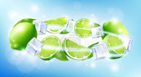 Photo for Fresh lime with ice cubes falling or flying. Composition of elements lime with leaves, half lime, sliced lime, 3D realistic vector illustration isolated on blue background - Royalty Free Image