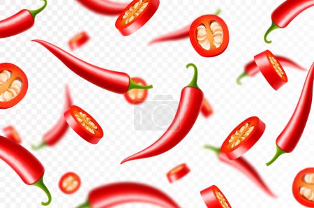 Photo for Falling chili pepper isolated on transparent background. ?hopped pieces of hot pepper flying, selective focus. Can be used for advertising, packaging, banner print. Realistic 3d vector design - Royalty Free Image