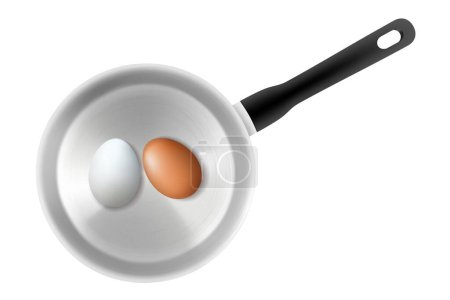Foto de Vista superior de dos huevos en cacerola con agua aislada sobre fondo blanco. Diseño realista del vector 3d. Modelo de utensilios de cocina. Equipos para preparar alimentos - Imagen libre de derechos