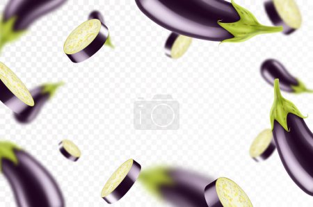 Photo for Falling eggplant isolated on transparent background. Flying whole and sliced eggplants vegetable with blurry effect. Can be used for advertising, packaging, banner, poster, print. Realistic 3d vector - Royalty Free Image