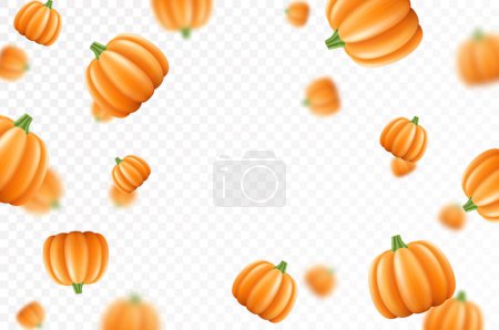 Foto de Calabaza cayendo aislada sobre fondo transparente. Calabazas anaranjadas enteras y cortadas en rodajas con efecto borroso. Puede ser utilizado para la publicidad, embalaje, bandera, cartel, impresión. vector 3D realista - Imagen libre de derechos