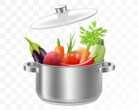 Photo for Fresh vegetables into a stainless steel pot isolated on a transparent background. Healthy cooking concept illustration. Realistic 3d vector design - Royalty Free Image