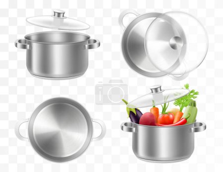 Photo for Set of stainless steel pots isolated on a transparent background. Realistic 3d Vector illustration. A set of kitchen tools, cookware, Kitchen utensils in different angles - Royalty Free Image