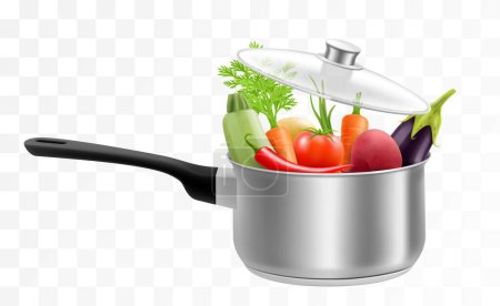 Téléchargez les photos : Poche en acier inoxydable avec poignée aux légumes crus. Ingrédients végétaux sains frais pour soupe ou bortsch dans une casserole ou une cuillère ou une casserole dans un gros plan. Illustration vectorielle 3D réaliste - en image libre de droit