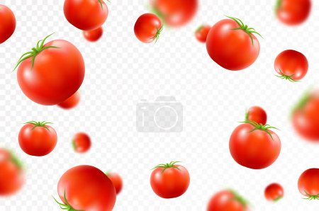 Foto de Fondo de tomate. Tomates frescos maduros, aislados sobre fondo transparente. Enfoque selectivo. Volando desenfocando tomate rojo. Aplicable para ketchup, publicidad de zumos. vector 3D realista - Imagen libre de derechos