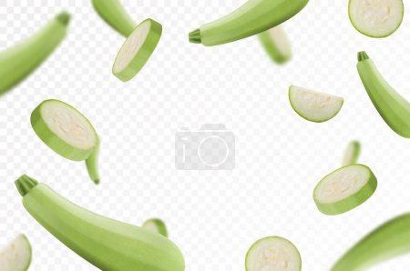 Photo for Falling zucchini isolated on transparent background. Flying whole and sliced zucchini vegetable with blurry effect. Can be used for advertising, packaging, banner, poster, print. Realistic 3d vector - Royalty Free Image