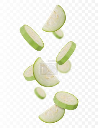 Photo for Falling zucchini isolated on transparent background. Flying whole and sliced zucchini vegetable with blurry effect. Can be used for advertising, packaging, banner, poster, print. Realistic 3d vector - Royalty Free Image