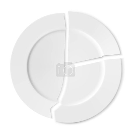 Photo for Broken white ceramic plate with shadow isolated on a white background. Realistic 3d vector illustration. Kitchen utensils, dishes, household items, tableware Fragments of glassware - Royalty Free Image