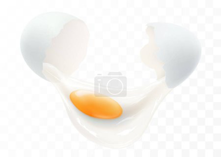 Foto de Un huevo blanco roto aislado sobre un fondo transparente. La proteína y la yema fluyeron de un primer plano de cáscaras de huevo rotas. Ilustración horizontal del huevo agrietado. Diseño realista del vector 3d - Imagen libre de derechos
