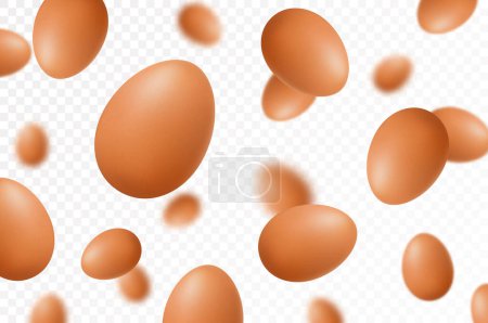 Foto de Huevos de pollo voladores, aislados sobre fondo blanco. Cayendo sabrosos huevos en la cáscara marrón. Enfoque selectivo Se puede utilizar para publicidad, embalaje, banner, póster, impresión. vector 3D realista - Imagen libre de derechos