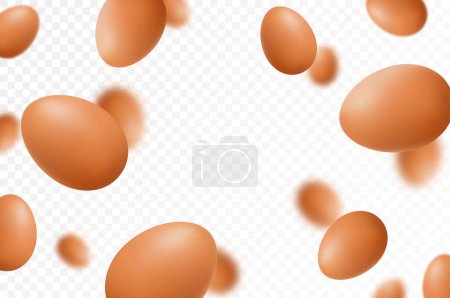 Téléchargez les photos : Œufs de poulet volants, isolés sur fond blanc. Des œufs savoureux tombent dans la coquille brune. Concentration sélective Peut être utilisé pour la publicité, l'emballage, la bannière, l'affiche, l'impression. Vecteur 3d réaliste - en image libre de droit