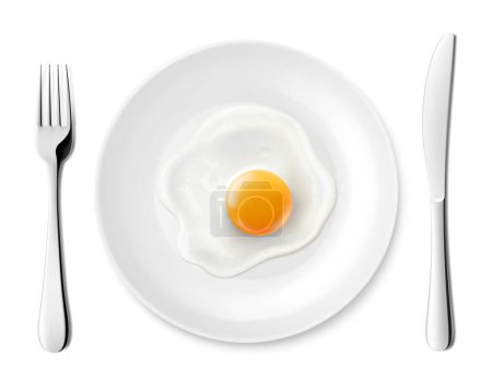 Photo for Plate with delicious fried egg and stainless steel cutlery, fork and knife, isolated on white background. Realistic 3D vector illustration. delicious breakfast, top view. - Royalty Free Image
