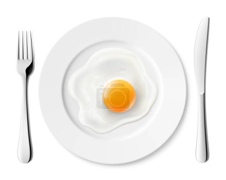 Téléchargez les photos : Assiette avec délicieux œufs frits et couverts en acier inoxydable, fourchette et couteau, isolé sur fond blanc. Illustration vectorielle 3D réaliste. délicieux petit déjeuner, vue sur le dessus. - en image libre de droit