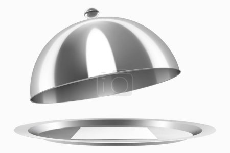 Photo for A stainless steel cloche with a paper postcard isolated on white background. Open Metal food cloche, Food Cover. Dome. Serving Plate Dish, Dining Dinner Platter. Realistic 3d vector illustration - Royalty Free Image