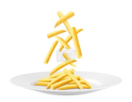 Photo for Crispy crunchy tasty French fries. Junk food for restaurant menu. Fried potatoes unhealthy fast food. Realistic 3D vector illustration. French fries falling on a white ceramic plate - Royalty Free Image