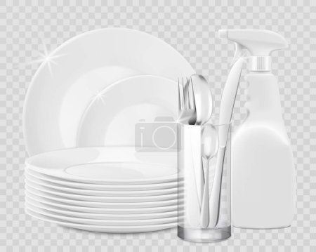 Téléchargez les photos : Nettoyez la vaisselle brillante et les ustensiles de cuisine en porcelaine avec une bouteille de détergent liquide à vaisselle isolée sur du blanc. Bannière publicitaire pour les fournitures de nettoyage ménager. Illustration vectorielle 3D réaliste - en image libre de droit