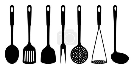 Photo for Set of soup ladle and slotted spoon, kitchen Spatula, Potato Masher, Skimmer Spoon, meat fork, large spoon, silhouettes of kitchen utensils, isolated on white background. Vector flat design - Royalty Free Image