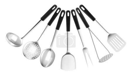 Photo for Set of kitchen cooking utensils such as soup ladles and slotted spoons, kitchen Spatula, Potato Masher, Skimmer Spoon, meat fork, 3d realistic mockup vector illustration isolated on white background. - Royalty Free Image