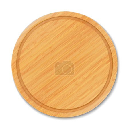 Téléchargez les photos : Planche à découper ronde vide en bois, vue de dessus. Plateaux ou assiettes de formes rondes, ustensiles de cuisine naturels et respectueux de l'environnement en bois isolé sur fond blanc, illustration vectorielle 3D réaliste - en image libre de droit