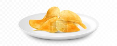 Photo for Potato chips on white ceramic plate isolated on white background. Junk food for restaurant menu. Fried potatoes unhealthy fast food. Realistic 3D vector illustration. - Royalty Free Image