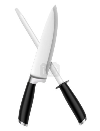Téléchargez les photos : Couteau croisé et aiguiseur, illustration vectorielle 3D réaliste. Couteau de cuisine et acier à aiguiser. Affûteuse et couteau isolés sur fond blanc - en image libre de droit