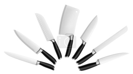 Téléchargez les photos : Ensemble de couteaux de cuisine en acier isolés sur fond blanc. Couteaux de boucher outils, couteau de chef, polyvalent et pour trancher les fruits, légumes. Pour restaurants, cafés et cuisine maison. vecteur 3D réaliste - en image libre de droit