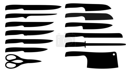 Photo for Set of kitchen knives icons isolated on white background. Silhouette of kitchen utensils. Butcher knives, chef knife, versatile and for slicing fruits, vegetables. For restaurants or home cooking. - Royalty Free Image