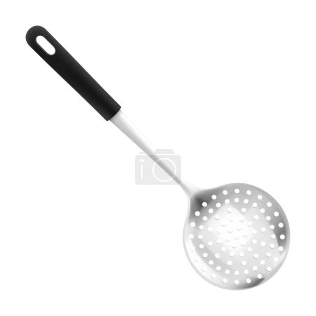 Photo for Stainless Steel Round Kitchen Skimmer or Skimmer Spoon Isolated on White Background, Skimming Ladle with black handle. Realistic 3D vector illustration. Kitchen utensils for cooking, tableware - Royalty Free Image