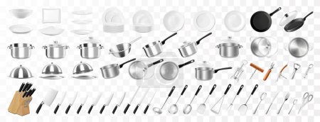 Foto de Utensilios de cocina y vajilla, utensilios de cocina, herramientas, equipos y cubiertos para cocinar. Platos, ollas, sartenes, cucharón, espumadera, tenedores, cucharas. Sacacorchos, colador, cuchillos y cacerolas. vector 3D realista - Imagen libre de derechos