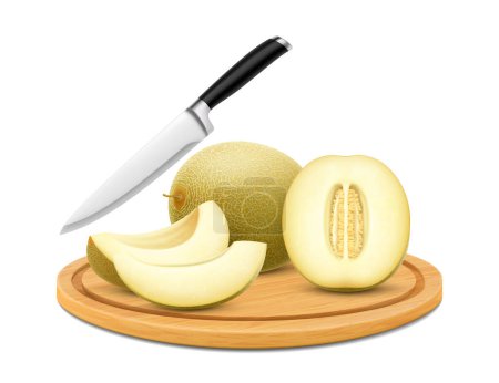 Téléchargez les photos : Planche à découper au melon mûr, isolée sur fond blanc. Trancher le melon entier et tranché sur une planche à découper ronde en bois avec couteau de cuisine. Illustration vectorielle 3D réaliste - en image libre de droit