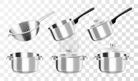 Photo for Kitchenware, vector cooking set. Cookware pots or saucepan, and stew pan with lids, ladle and metallic colander for cooking. Isolated on transparent background. Realistic 3d vector illustration - Royalty Free Image
