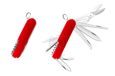 Photo for Swiss Army knife or pocket knife isolated on white background. This cutting tool is using the large blade for cutting food, slicing paper, carving wood, or gutting a fish. realistic 3d vector illustration - Royalty Free Image