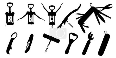 Photo for Silhouette of corkscrews and openers. Wine Bottle Opener, can opener, electronic rechargeable corkscrew, sommeliers knife with corkscrew and Swiss Army knife or pocket knife, isolated vector icon set - Royalty Free Image