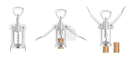 Photo for Set of Wine Bottle Opener, isolated on a white background. Corkscrew for alcohol drink bottle. Wooden cork opener stainless tool with twirling unlock gear. Realistic 3d vector illustration - Royalty Free Image
