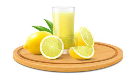 Téléchargez les photos : Planche à découper au citron frais coupé juteux avec un verre de limonade, isolé sur fond blanc. Agrumes sur une planche à découper ronde en bois. Illustration vectorielle 3D réaliste - en image libre de droit