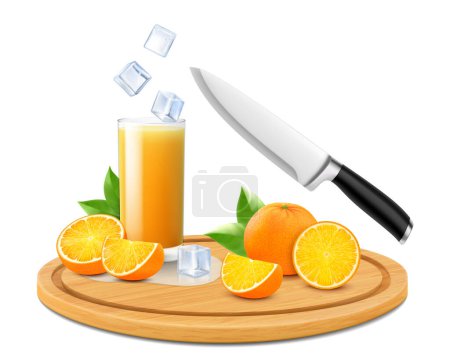 Téléchargez les photos : Jus d'orange dans un verre à boire avec tranche, moitié et fruits d'orange entiers sur une planche à découper en bois isolé fond blanc. Illustration vectorielle 3D réaliste - en image libre de droit