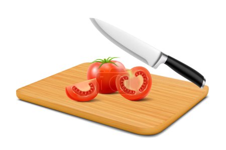 Téléchargez les photos : Tranches de tomate rouge sur planche à découper isolée sur fond blanc. Tranché tomate savoureuse sur planche à découper en bois de hêtre avec couteau. Illustration vectorielle 3D réaliste - en image libre de droit
